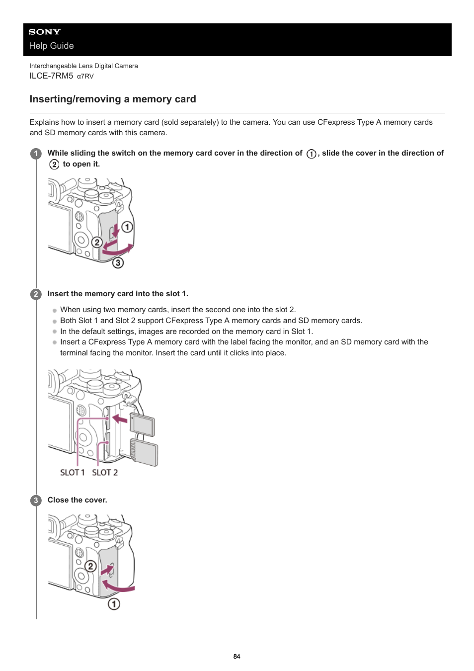 Inserting/removing a memory card | Sony PCM-A10 High-Resolution Audio Recorder User Manual | Page 84 / 535