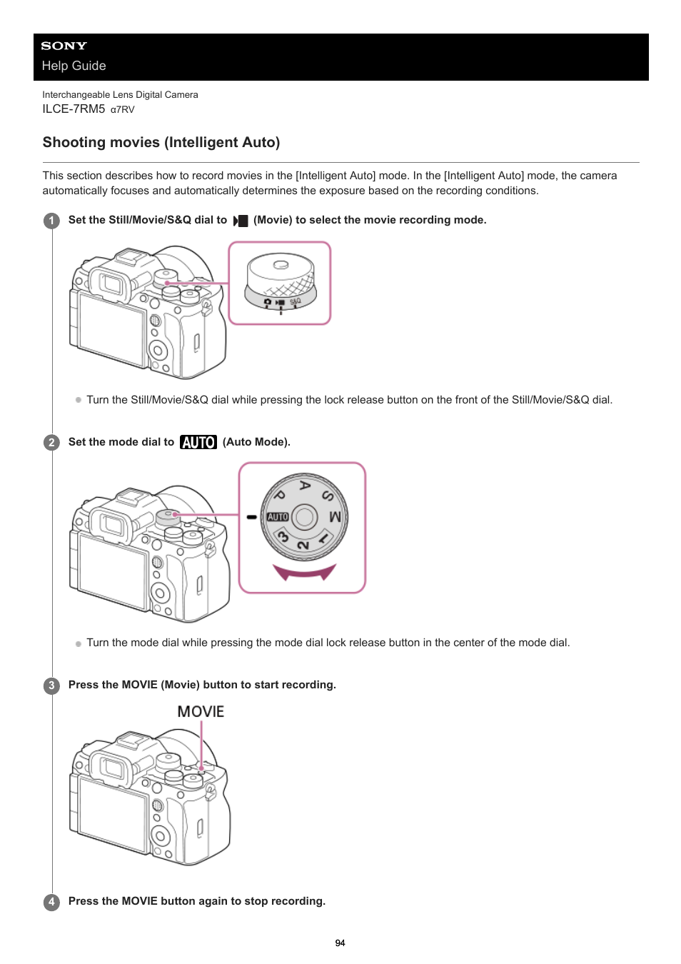 Shooting movies (intelligent auto) | Sony PCM-A10 High-Resolution Audio Recorder User Manual | Page 94 / 535