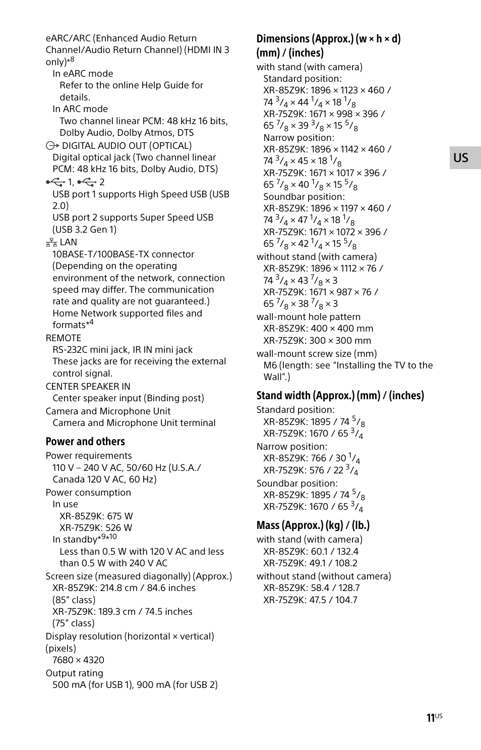 Power and others, Dimensions (approx.) (w × h × d) (mm) / (inches), Stand width (approx.) (mm) / (inches) | Mass (approx.) (kg) / (lb.) | Sony ECM-678/9X Shotgun Microphone User Manual | Page 11 / 40