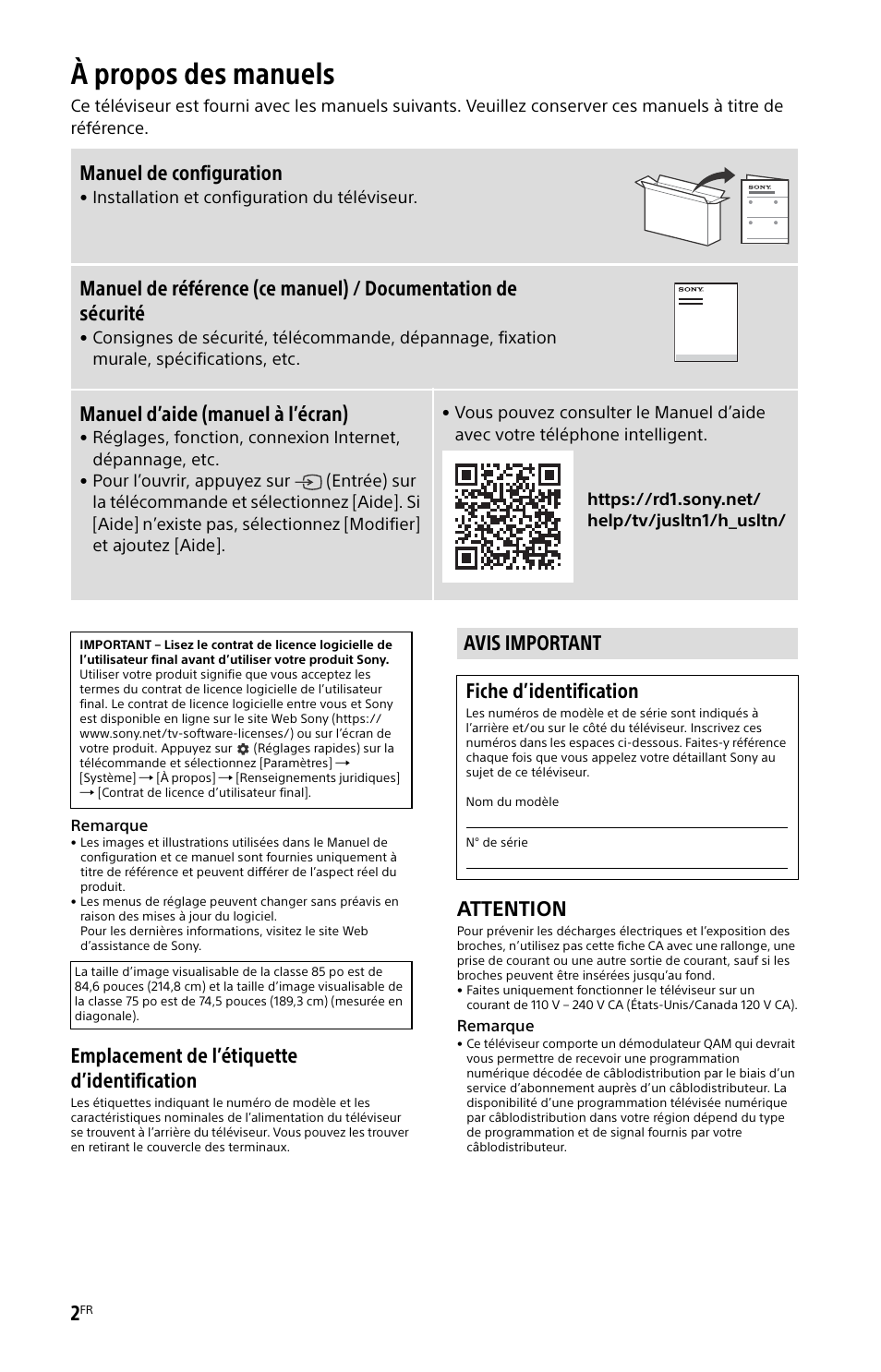 À propos des manuels, Avis important, Emplacement de l’étiquette d’identification | Attention, Manuel de configuration, Manuel d’aide (manuel à l’écran), Avis important fiche d’identification | Sony ECM-678/9X Shotgun Microphone User Manual | Page 14 / 40