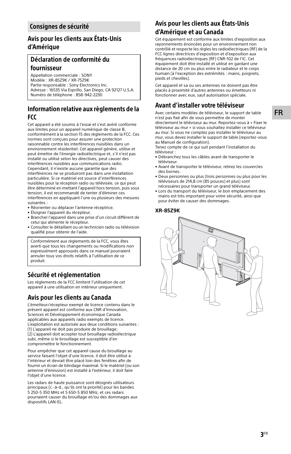 Consignes de sécurité, Sécurité et réglementation, Avis pour les clients au canada | Avant d’installer votre téléviseur | Sony ECM-678/9X Shotgun Microphone User Manual | Page 15 / 40