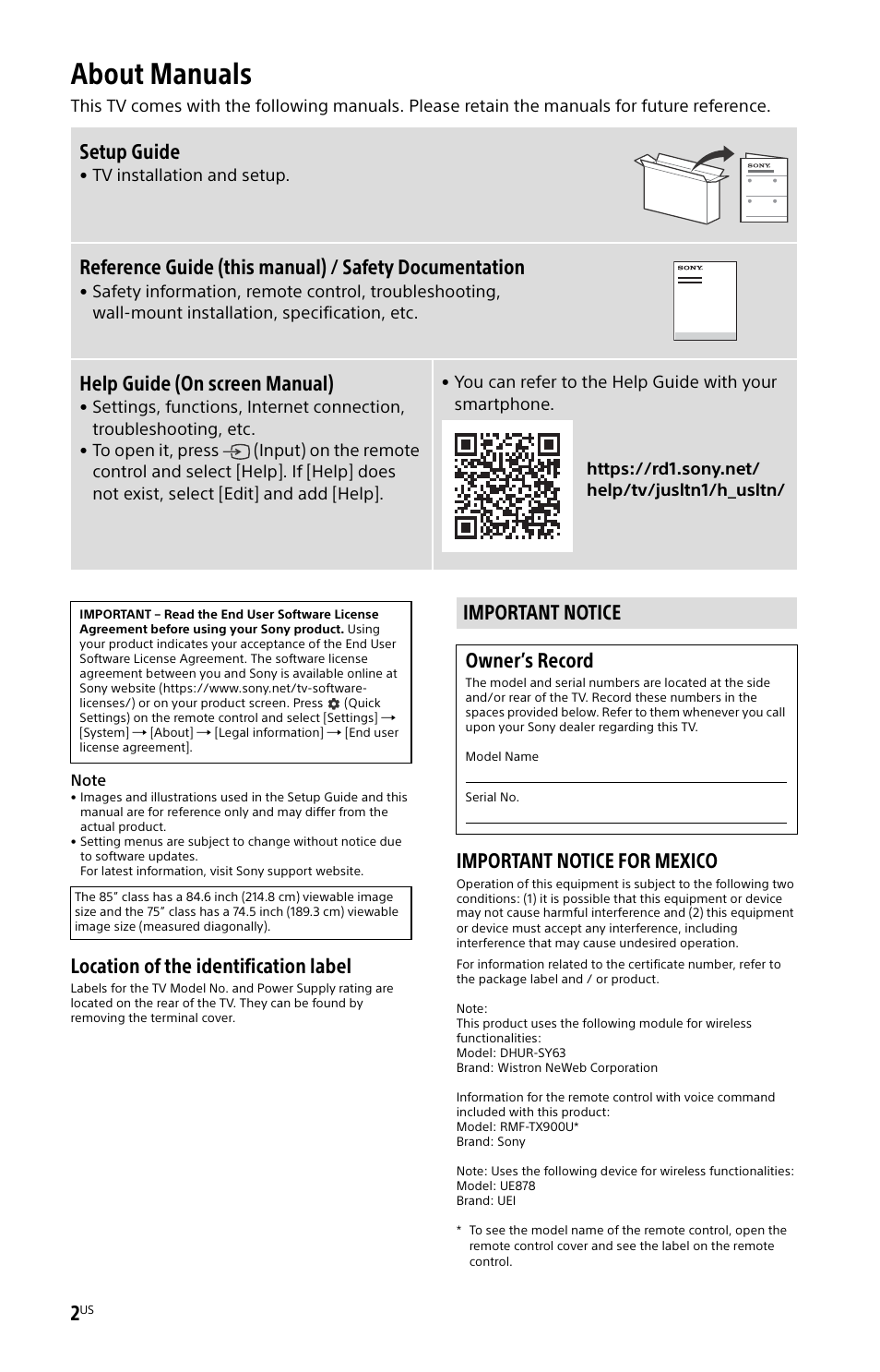 About manuals, Important notice, Location of the identification label | Important notice for mexico, Setup guide, Help guide (on screen manual), Important notice owner’s record | Sony ECM-678/9X Shotgun Microphone User Manual | Page 2 / 40