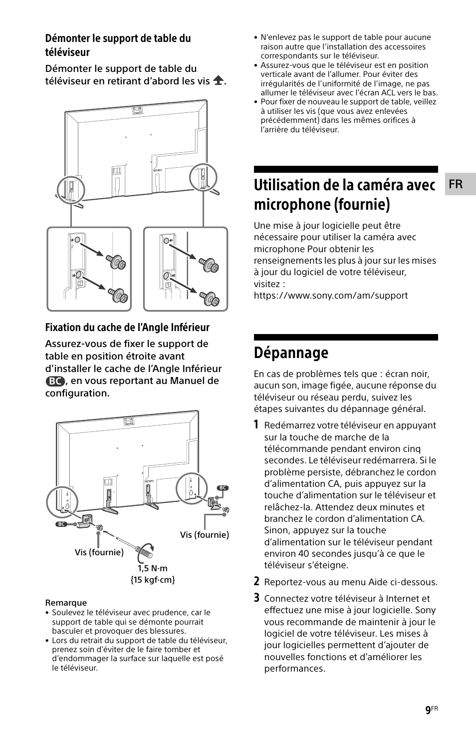 Utilisation de la caméra avec microphone (fournie), Dépannage, Démonter le support de table du téléviseur | Fixation du cache de l’angle inférieur | Sony ECM-678/9X Shotgun Microphone User Manual | Page 21 / 40