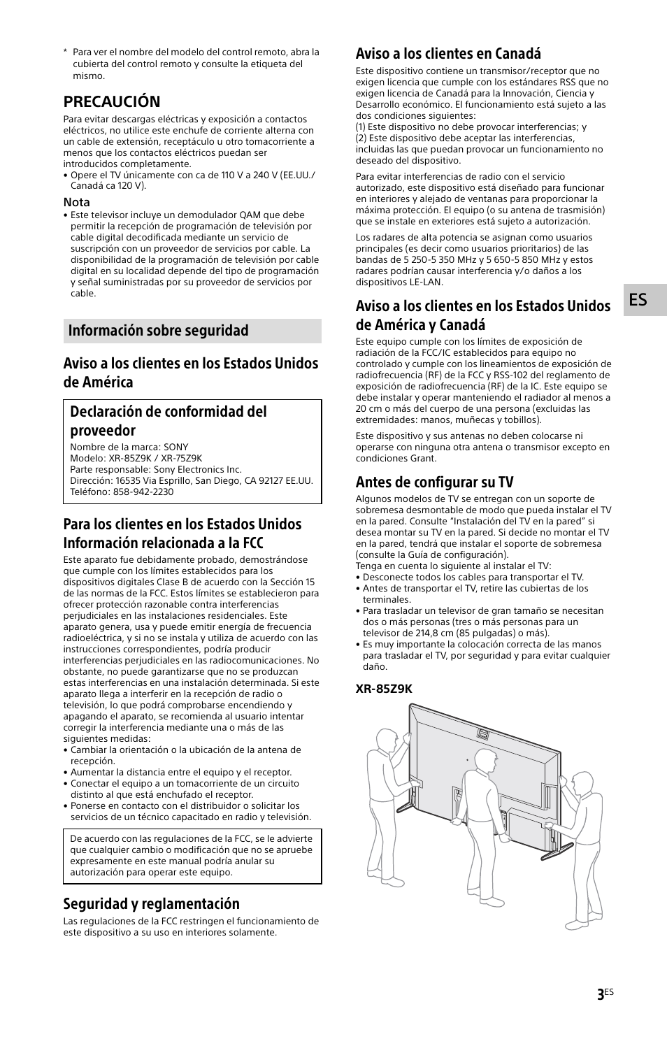 Información sobre seguridad, Precaución, Seguridad y reglamentación | Aviso a los clientes en canadá, Antes de configurar su tv | Sony ECM-678/9X Shotgun Microphone User Manual | Page 27 / 40