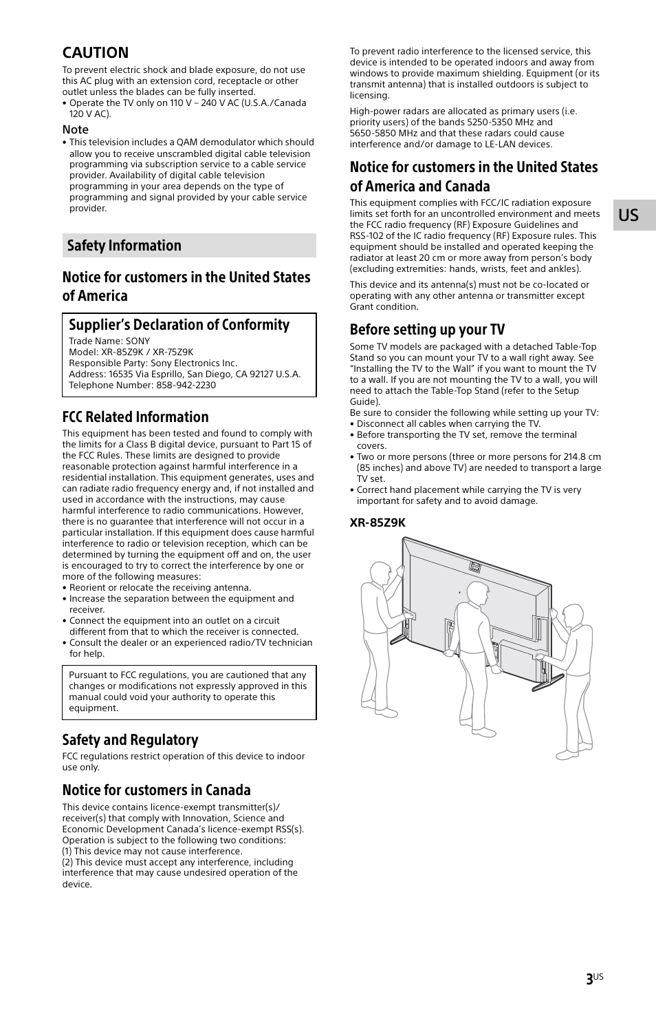 Safety information, Caution, Safety and regulatory | Notice for customers in canada, Before setting up your tv | Sony ECM-678/9X Shotgun Microphone User Manual | Page 3 / 40