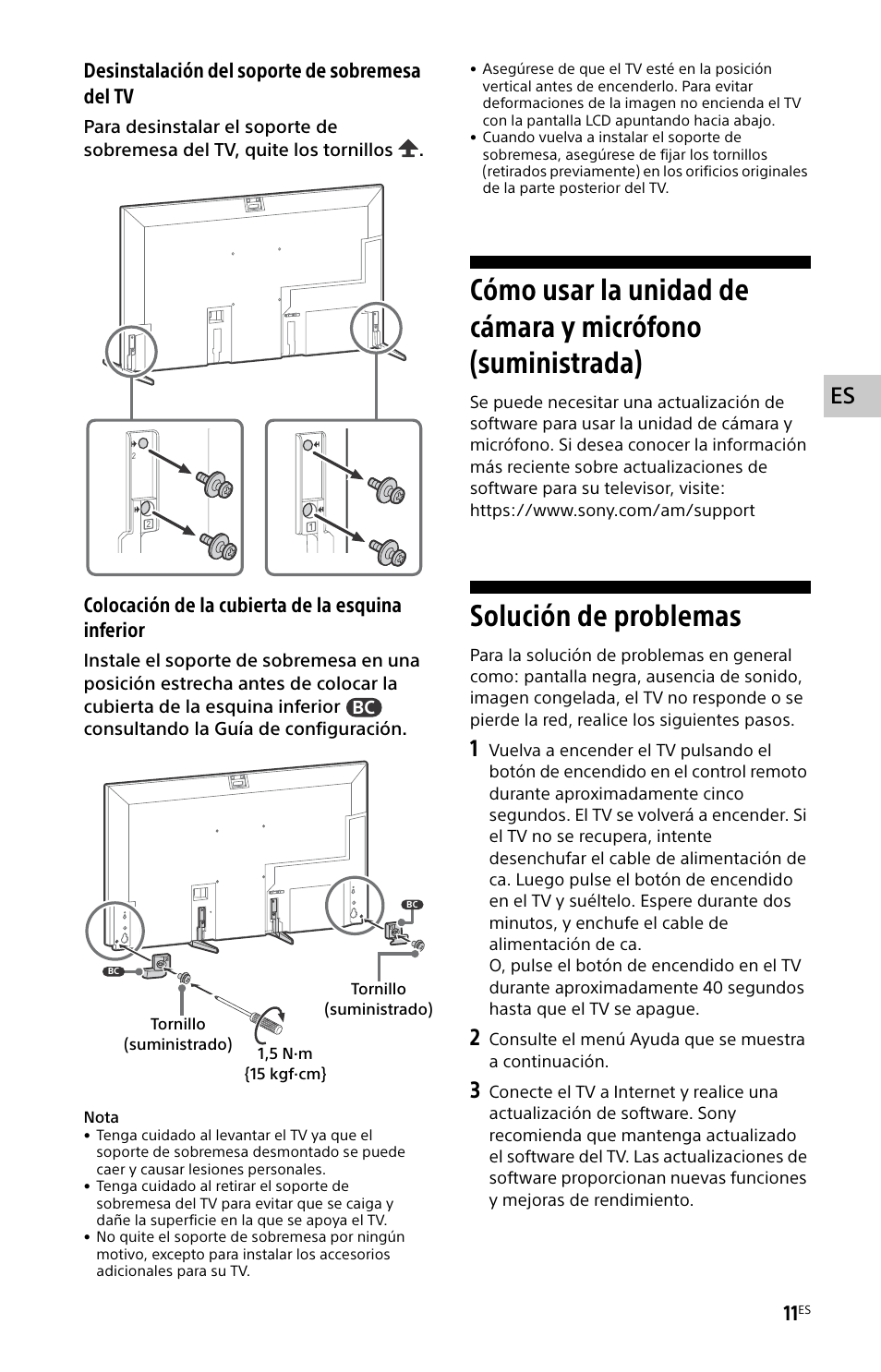 Solución de problemas, Desinstalación del soporte de sobremesa del tv, Colocación de la cubierta de la esquina inferior | Sony ECM-678/9X Shotgun Microphone User Manual | Page 35 / 40