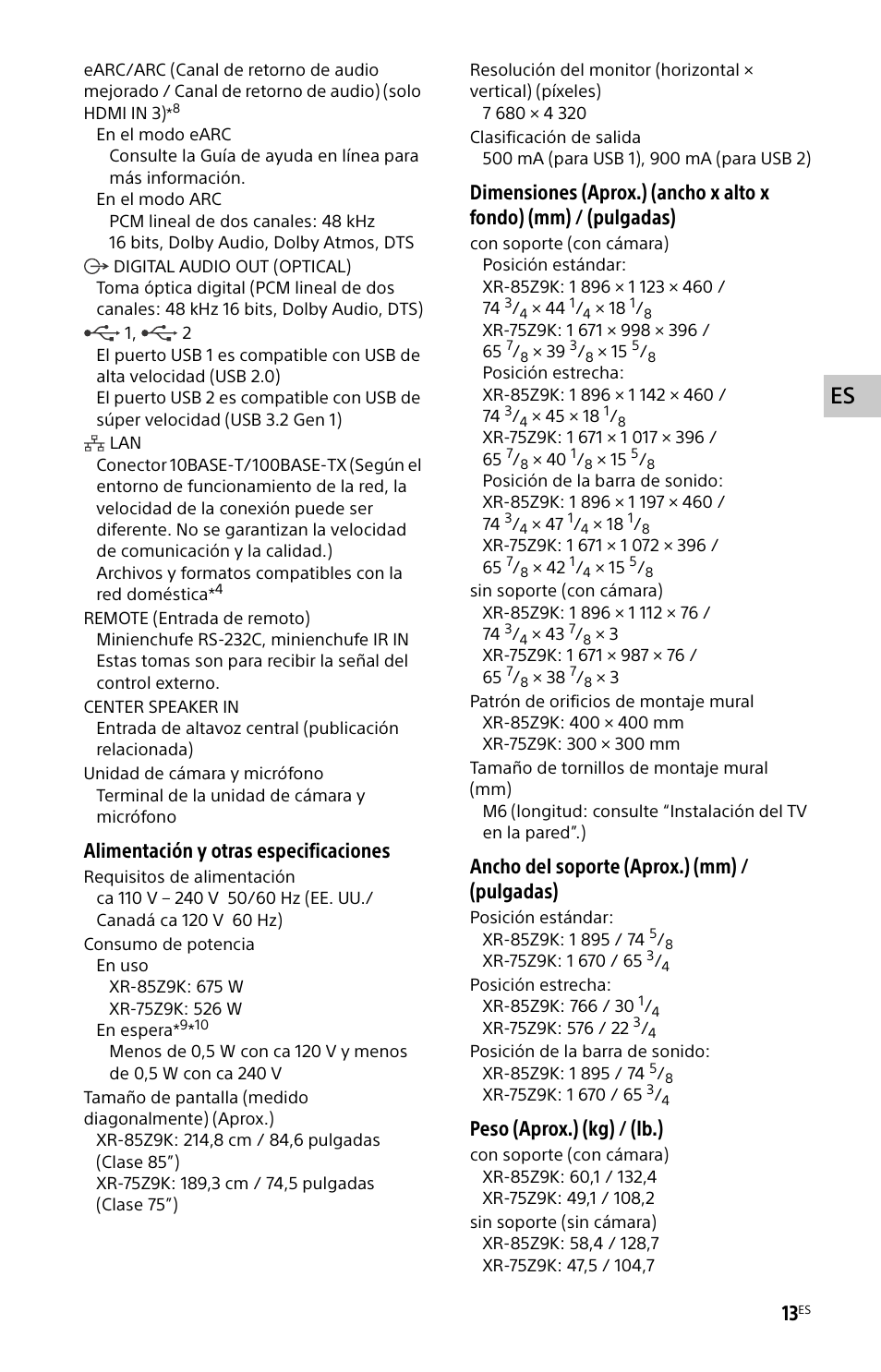 Alimentación y otras especificaciones, Ancho del soporte (aprox.) (mm) / (pulgadas), Peso (aprox.) (kg) / (lb.) | Sony ECM-678/9X Shotgun Microphone User Manual | Page 37 / 40