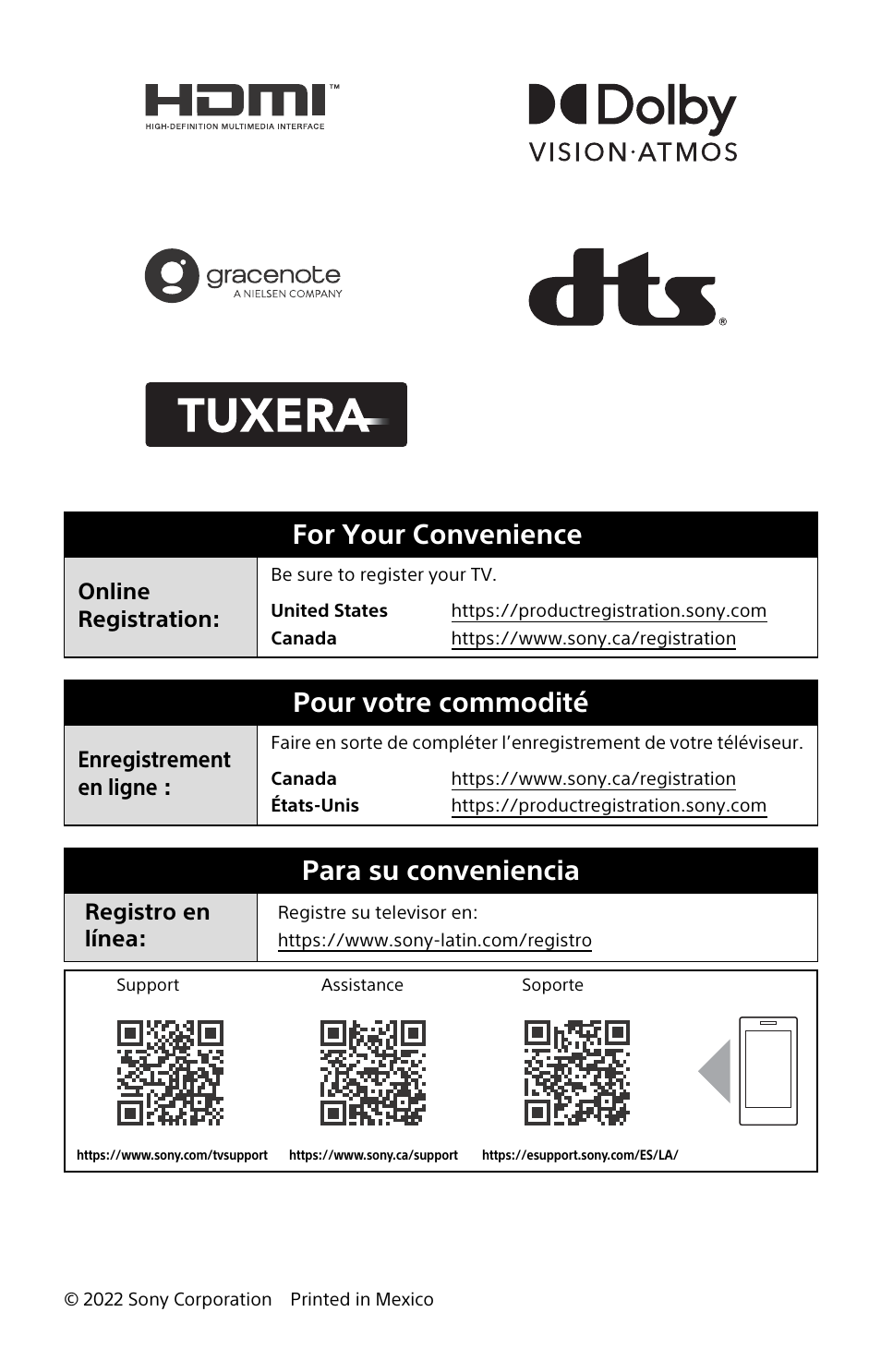 For your convenience, Pour votre commodité, Para su conveniencia | Online registration, Enregistrement en ligne, Registro en línea | Sony ECM-678/9X Shotgun Microphone User Manual | Page 40 / 40