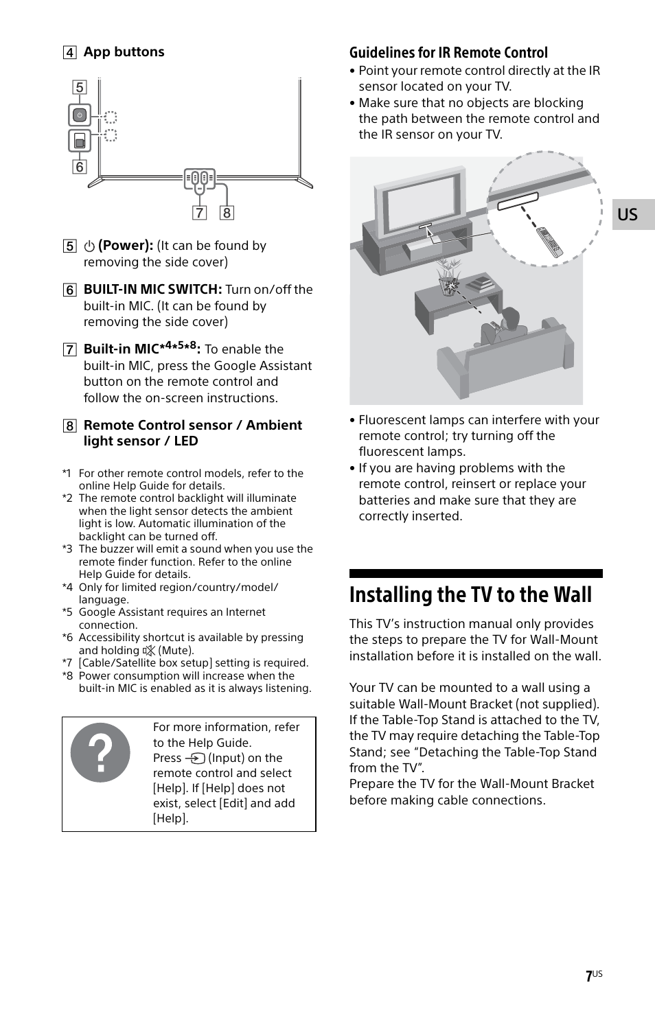 Installing the tv to the wall, Guidelines for ir remote control | Sony ECM-678/9X Shotgun Microphone User Manual | Page 7 / 40