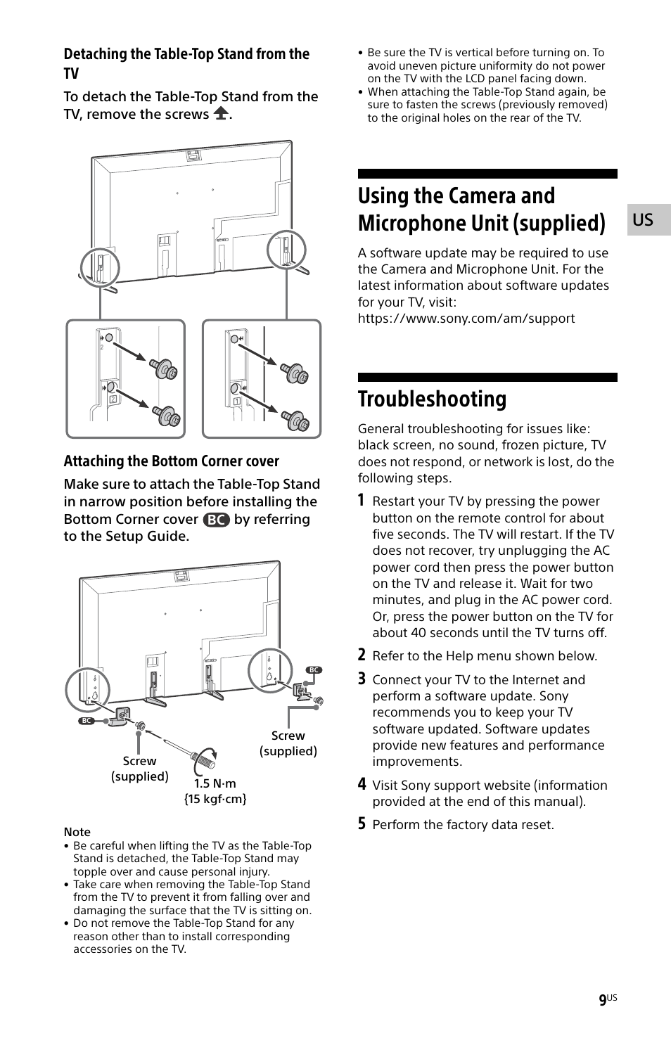 Using the camera and microphone unit (supplied), Troubleshooting, Detaching the table-top stand from the tv | Attaching the bottom corner cover | Sony ECM-678/9X Shotgun Microphone User Manual | Page 9 / 40