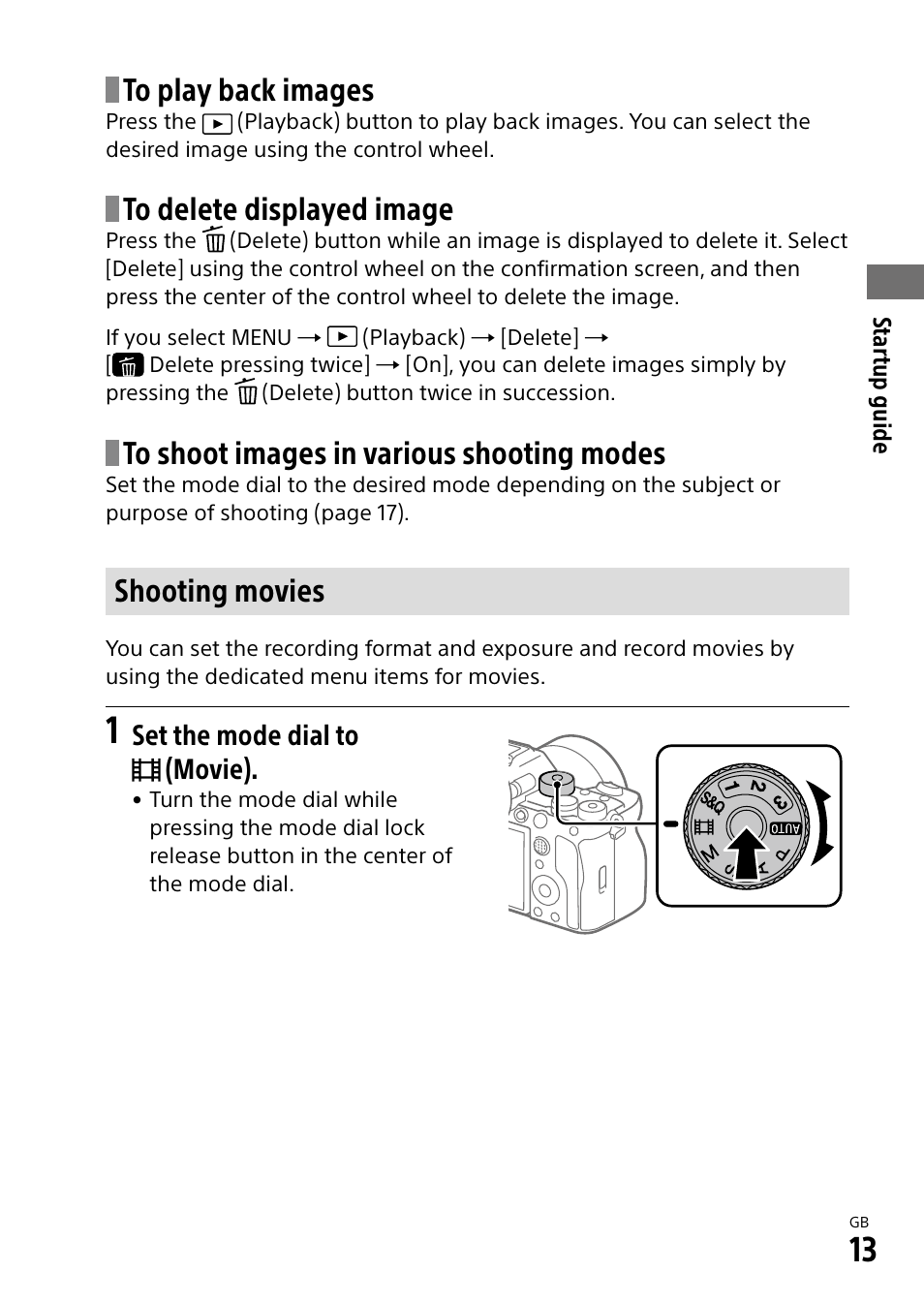 Shooting movies, Set the mode dial to (movie) | Sony ECM-674 Shotgun Microphone User Manual | Page 13 / 96