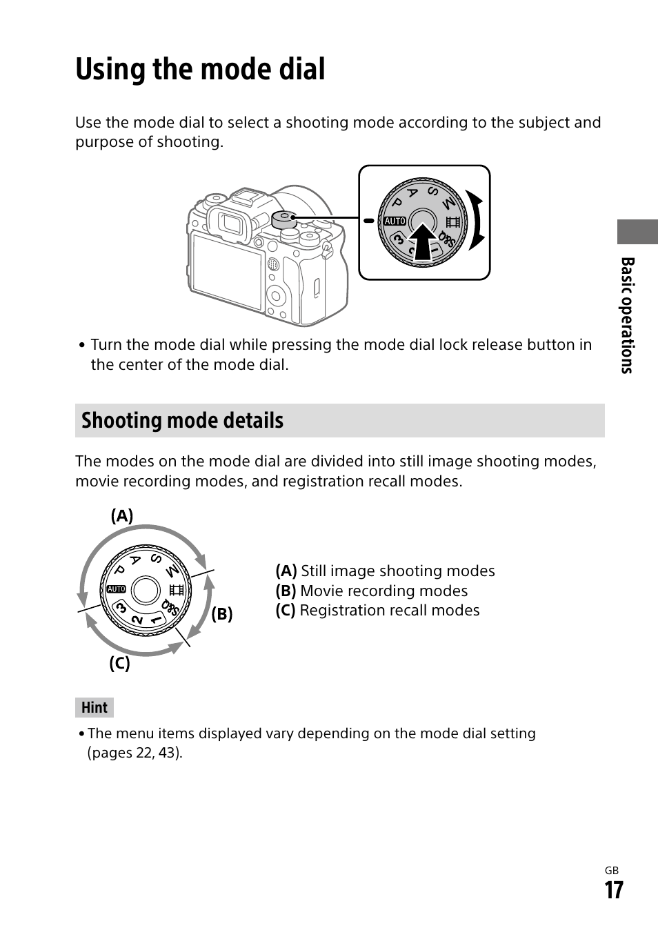 Using the mode dial, Shooting mode details | Sony ECM-674 Shotgun Microphone User Manual | Page 17 / 96