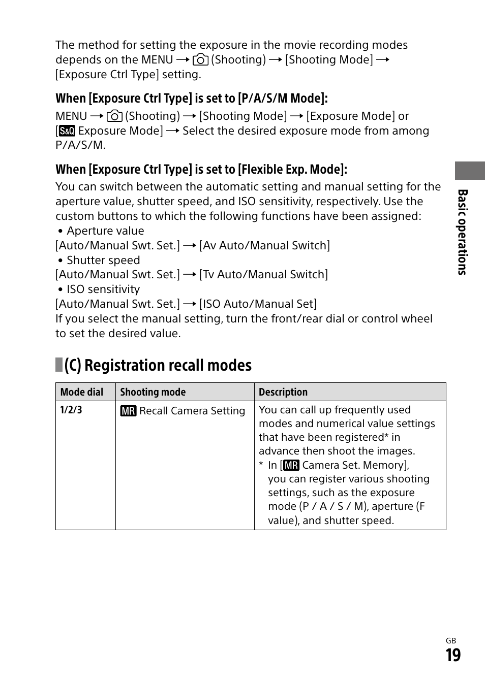 C) registration recall modes | Sony ECM-674 Shotgun Microphone User Manual | Page 19 / 96