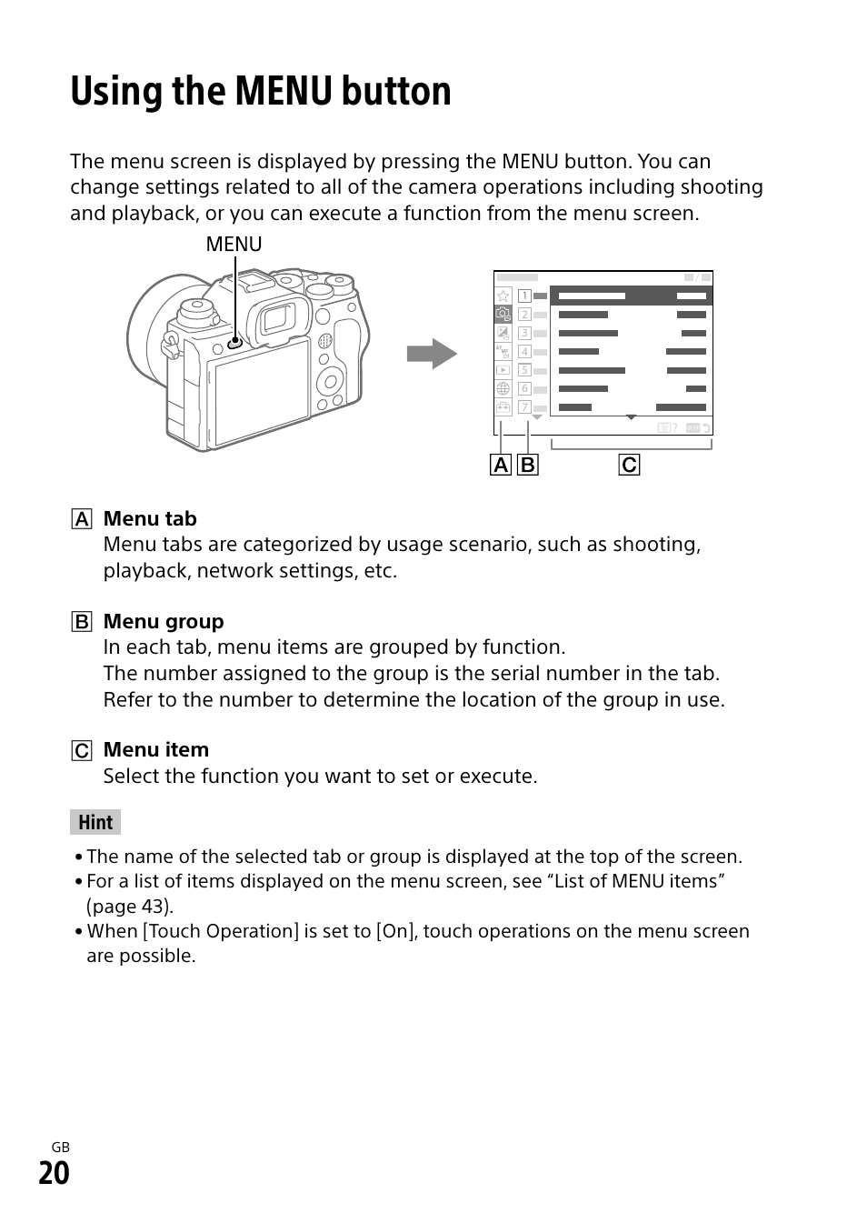 Using the menu button | Sony ECM-674 Shotgun Microphone User Manual | Page 20 / 96
