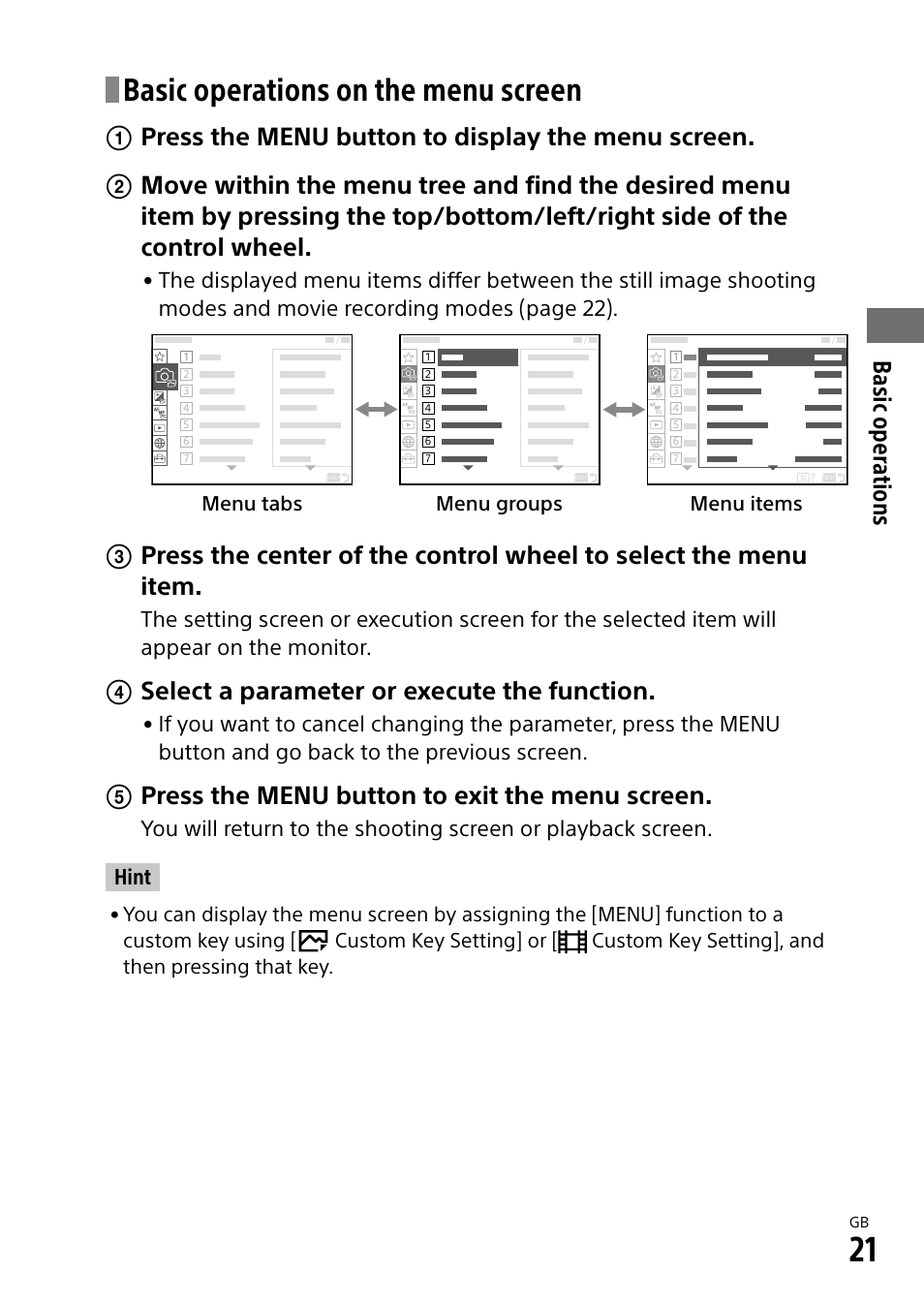 Basic operations on the menu screen, Basic oper ations, Select a parameter or execute the function | Press the menu button to exit the menu screen | Sony ECM-674 Shotgun Microphone User Manual | Page 21 / 96