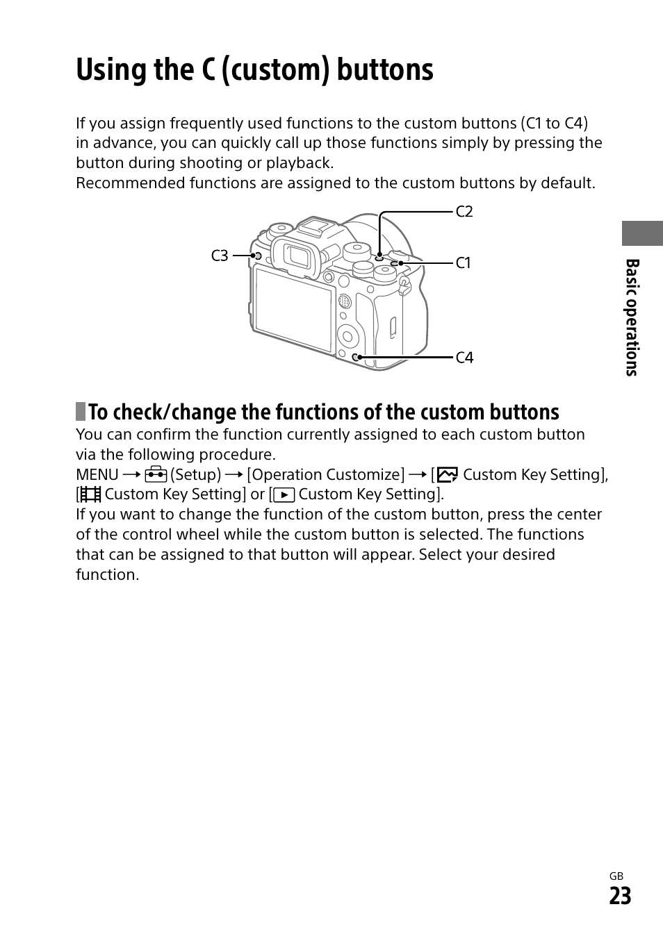 Using the c (custom) buttons | Sony ECM-674 Shotgun Microphone User Manual | Page 23 / 96