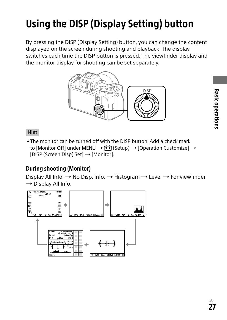 Using the disp (display setting) button | Sony ECM-674 Shotgun Microphone User Manual | Page 27 / 96
