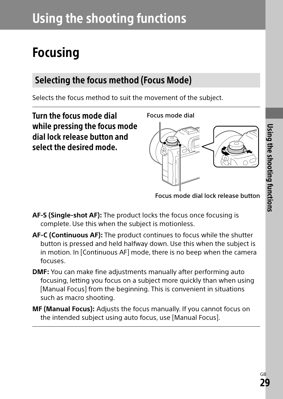 Using the shooting functions, Focusing, Selecting the focus method (focus mode) | Using the shooting functions focusing | Sony ECM-674 Shotgun Microphone User Manual | Page 29 / 96