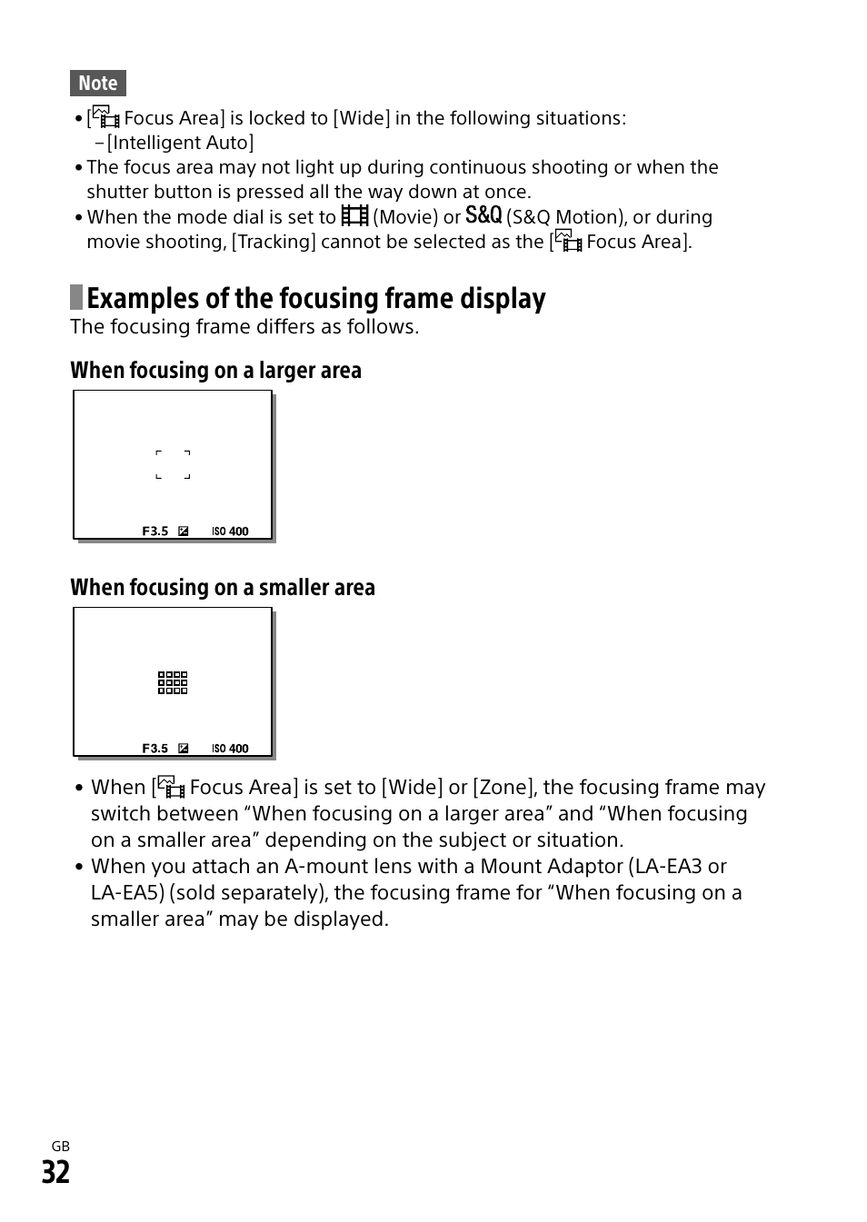 Examples of the focusing frame display | Sony ECM-674 Shotgun Microphone User Manual | Page 32 / 96