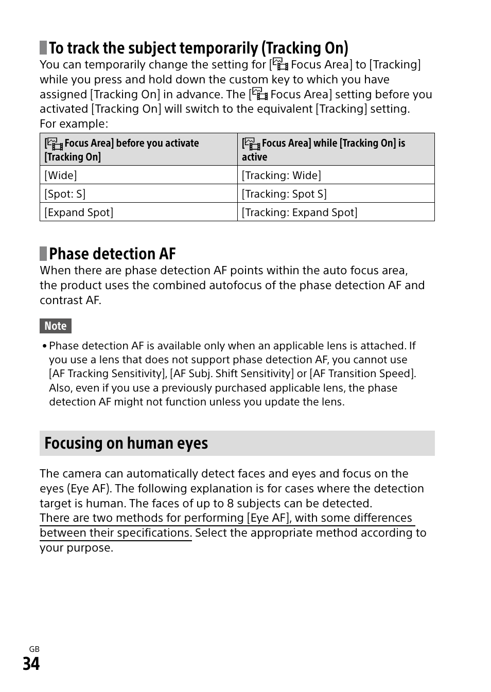 Focusing on human eyes, Phase detection af | Sony ECM-674 Shotgun Microphone User Manual | Page 34 / 96