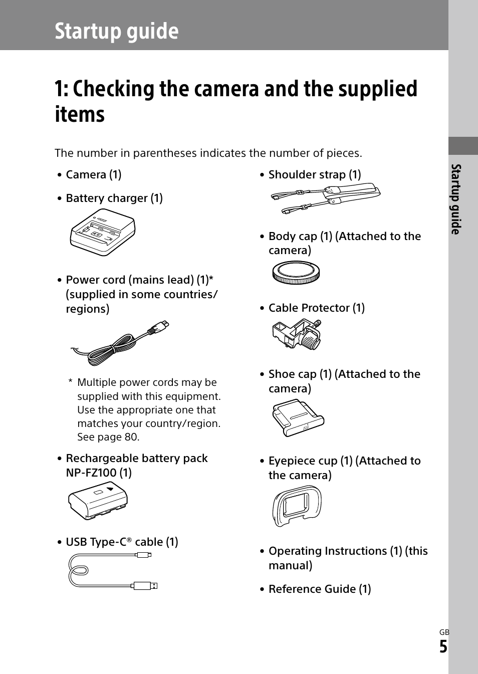 Startup guide, Checking the camera and the supplied items | Sony ECM-674 Shotgun Microphone User Manual | Page 5 / 96