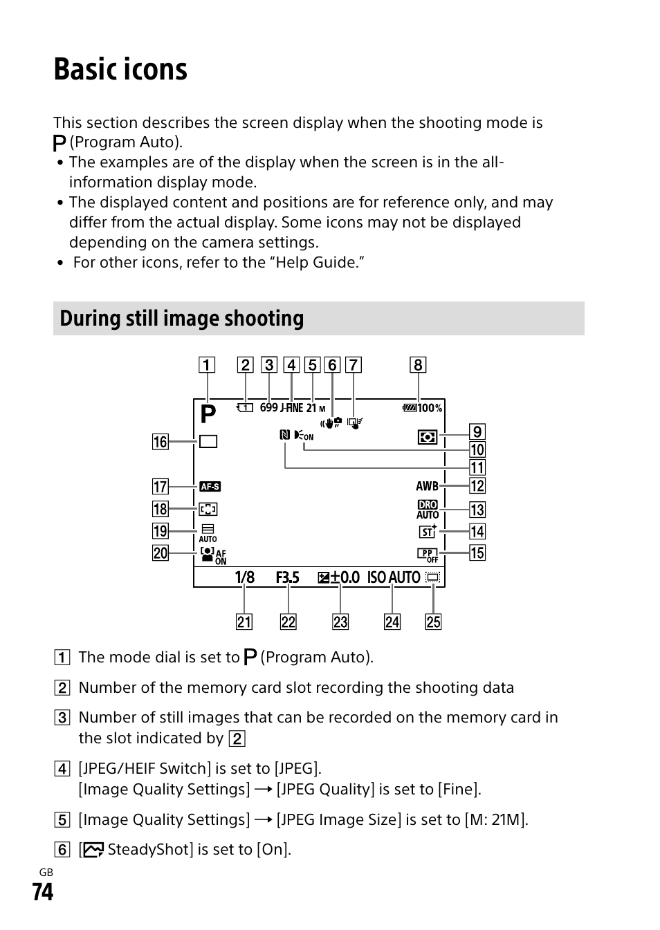Basic icons, During still image shooting | Sony ECM-674 Shotgun Microphone User Manual | Page 74 / 96