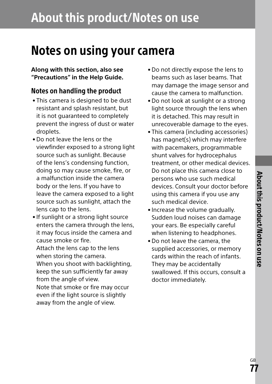 About this product/notes on use, Notes on using your camera | Sony ECM-674 Shotgun Microphone User Manual | Page 77 / 96