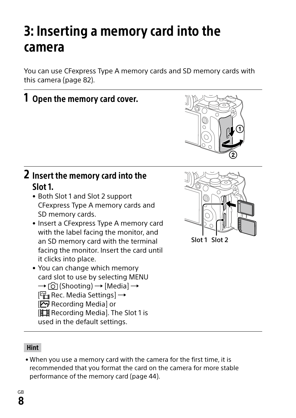 Inserting a memory card into the camera | Sony ECM-674 Shotgun Microphone User Manual | Page 8 / 96