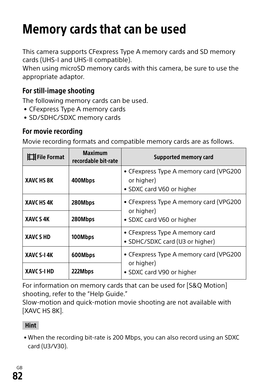 Memory cards that can be used, For still-image shooting, For movie recording | Sony ECM-674 Shotgun Microphone User Manual | Page 82 / 96