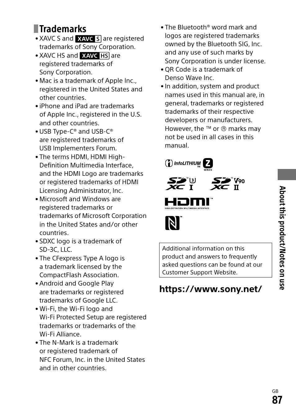 Trademarks, About this pr oduct/no tes on use | Sony ECM-674 Shotgun Microphone User Manual | Page 87 / 96