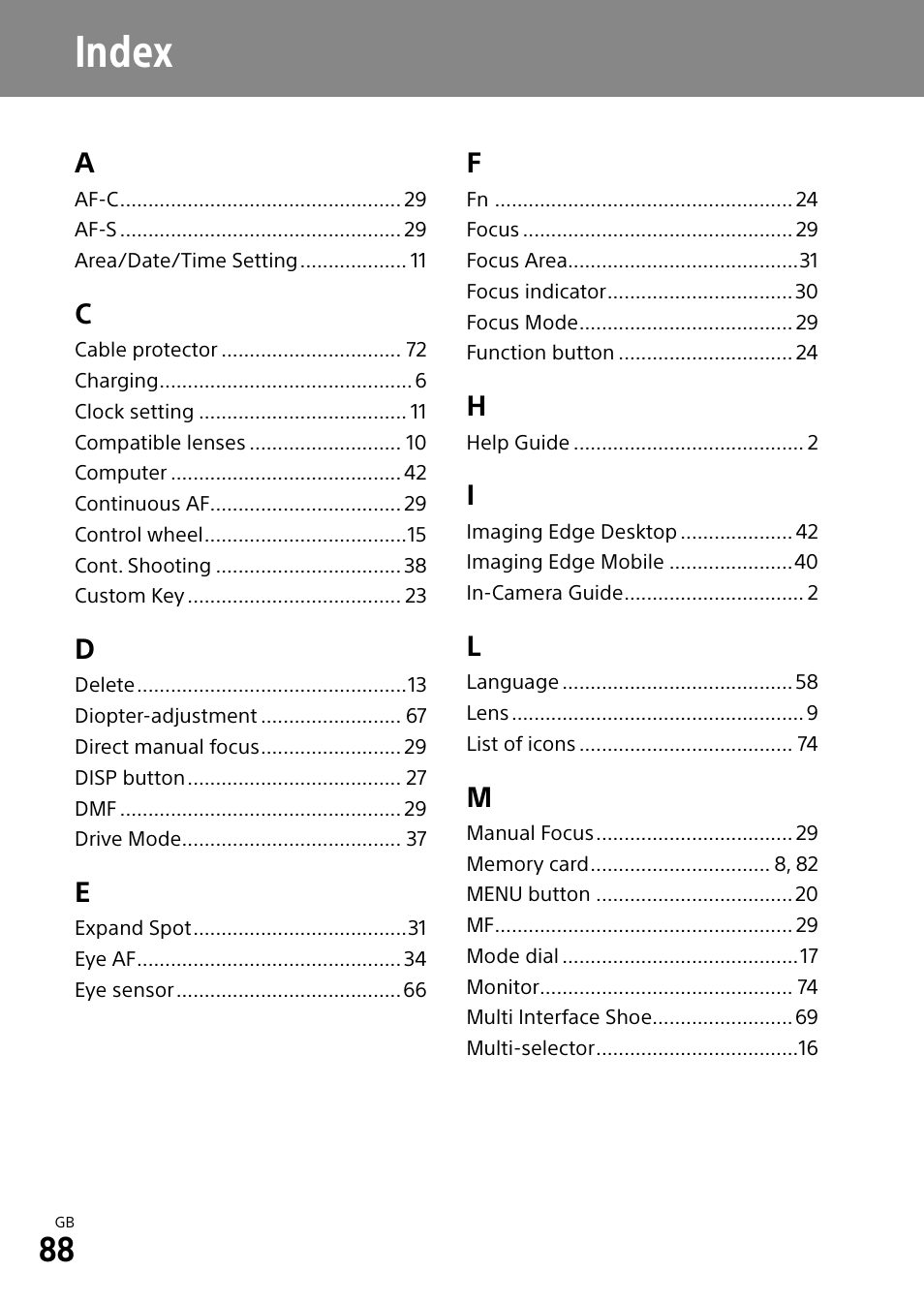 Index | Sony ECM-674 Shotgun Microphone User Manual | Page 88 / 96