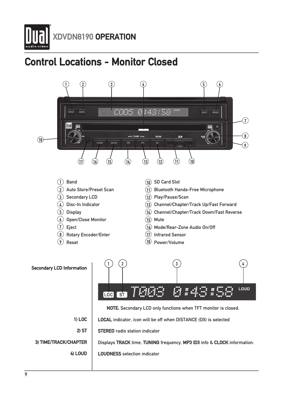 Control locations - monitor closed, Xdvdn8190 operation | Dual XDVDN8190 User Manual | Page 10 / 92