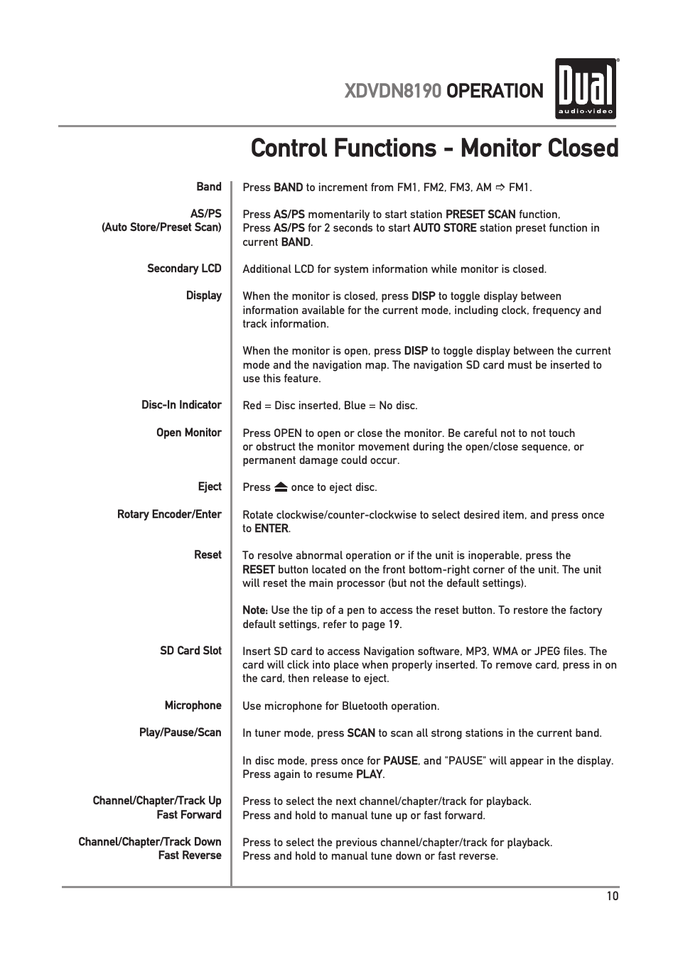 Control functions - monitor closed, Xdvdn8190 operation | Dual XDVDN8190 User Manual | Page 11 / 92