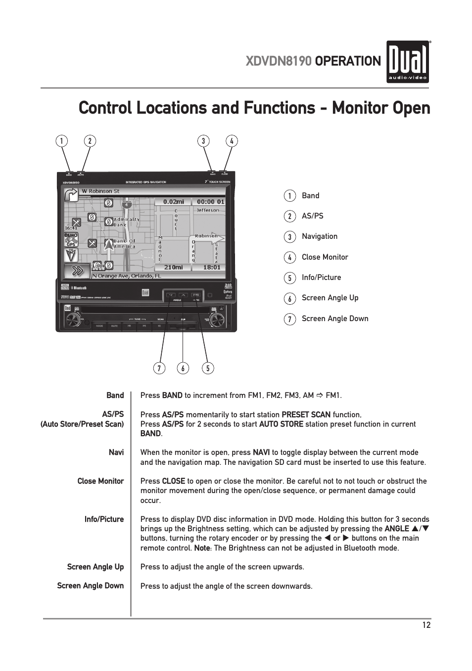 Control locations and functions - monitor open, Xdvdn8190 operation | Dual XDVDN8190 User Manual | Page 13 / 92