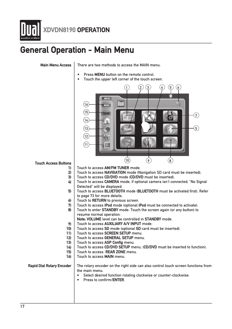 General operation - main menu, Xdvdn8190 operation | Dual XDVDN8190 User Manual | Page 18 / 92