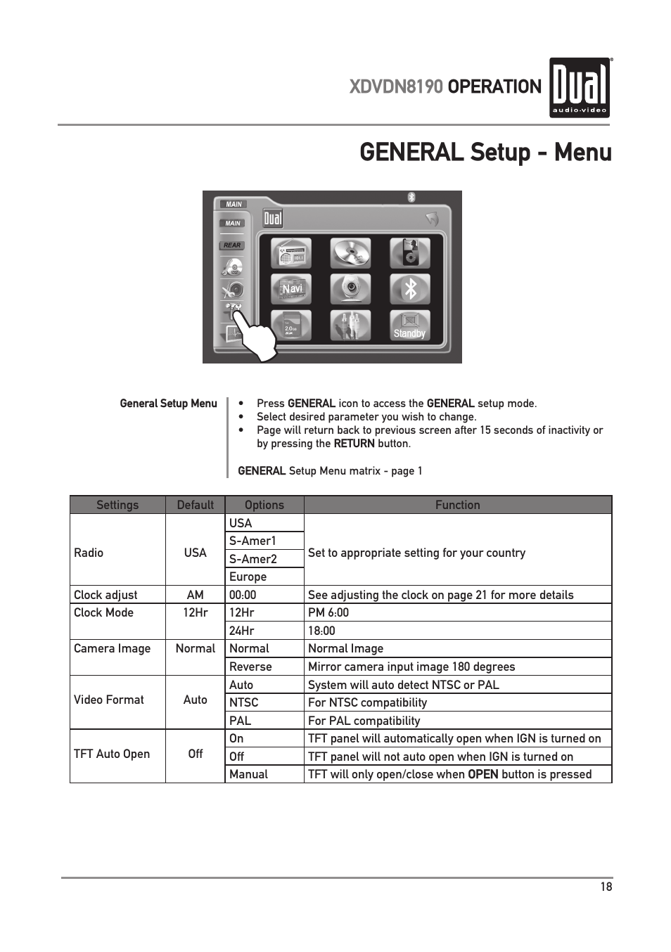 General setup - menu, Xdvdn8190 operation | Dual XDVDN8190 User Manual | Page 19 / 92