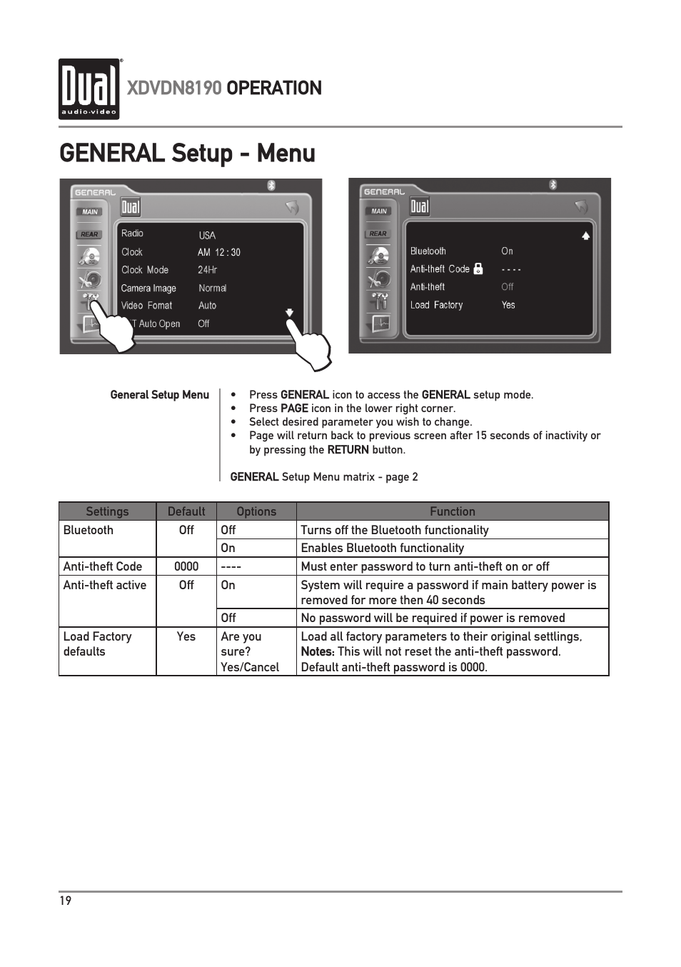 General setup - menu, Xdvdn8190 operation | Dual XDVDN8190 User Manual | Page 20 / 92