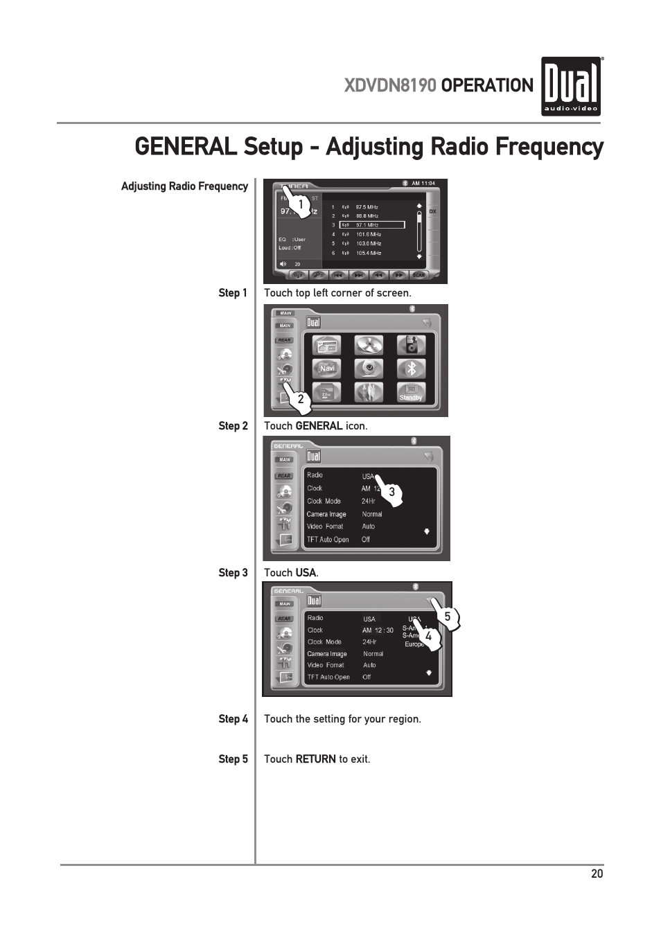 General setup - adjusting radio frequency | Dual XDVDN8190 User Manual | Page 21 / 92