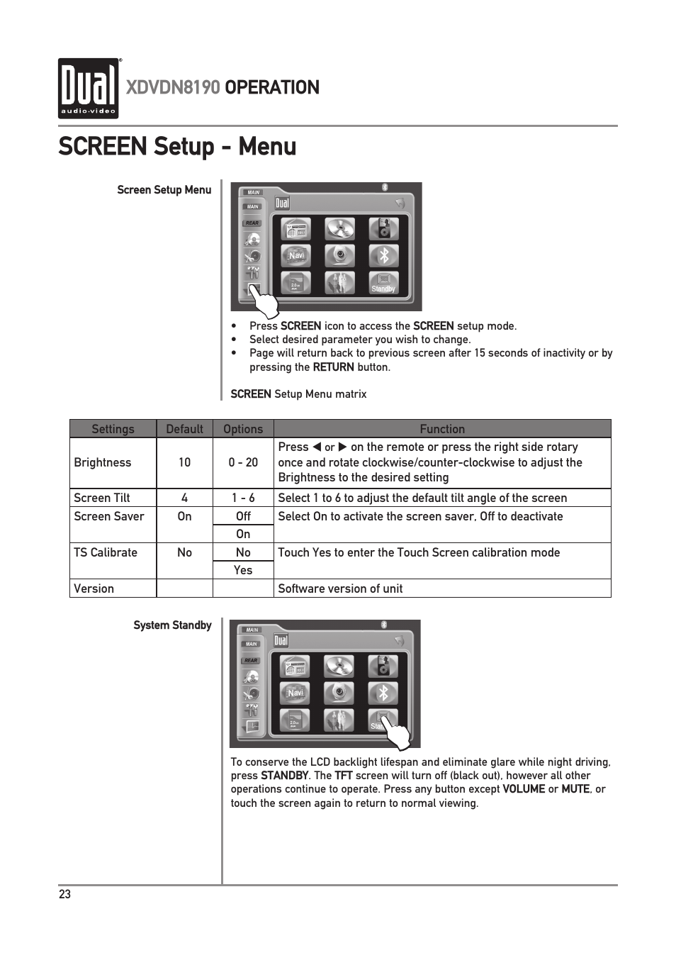 Screen setup - menu, Xdvdn8190 operation | Dual XDVDN8190 User Manual | Page 24 / 92