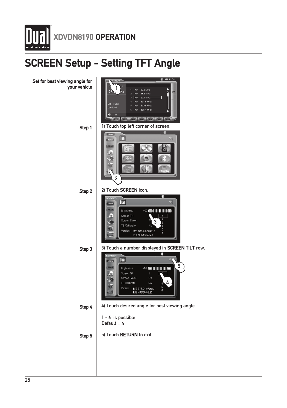 Screen setup - setting tft angle | Dual XDVDN8190 User Manual | Page 26 / 92