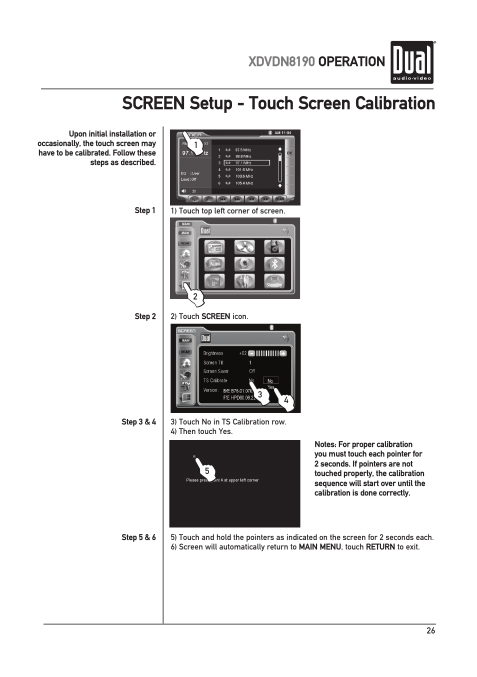 Screen setup - touch screen calibration | Dual XDVDN8190 User Manual | Page 27 / 92