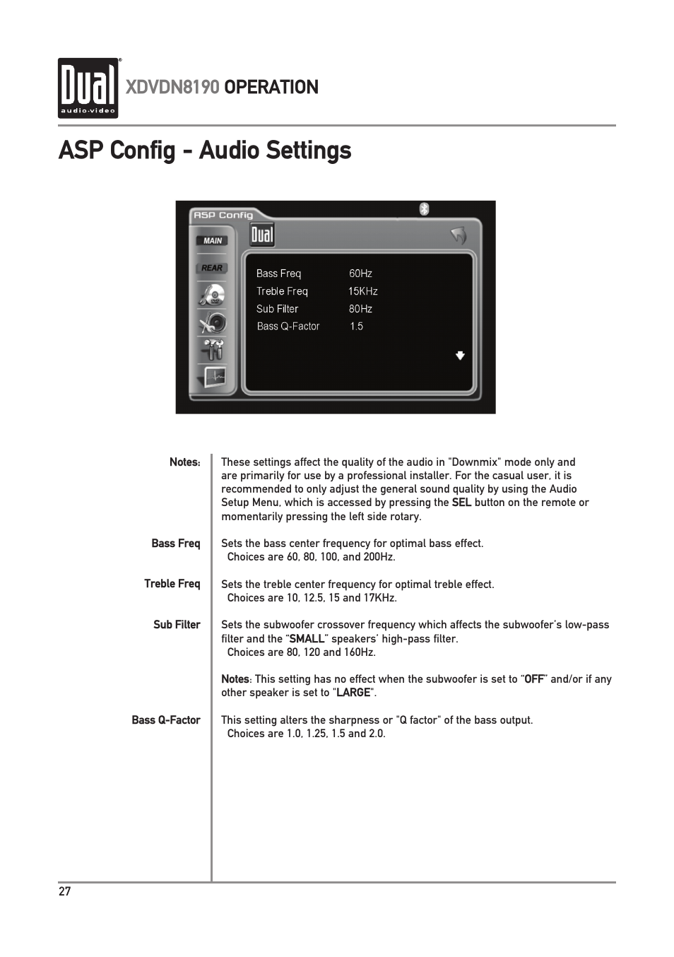 Asp config - audio settings, Xdvdn8190 operation | Dual XDVDN8190 User Manual | Page 28 / 92