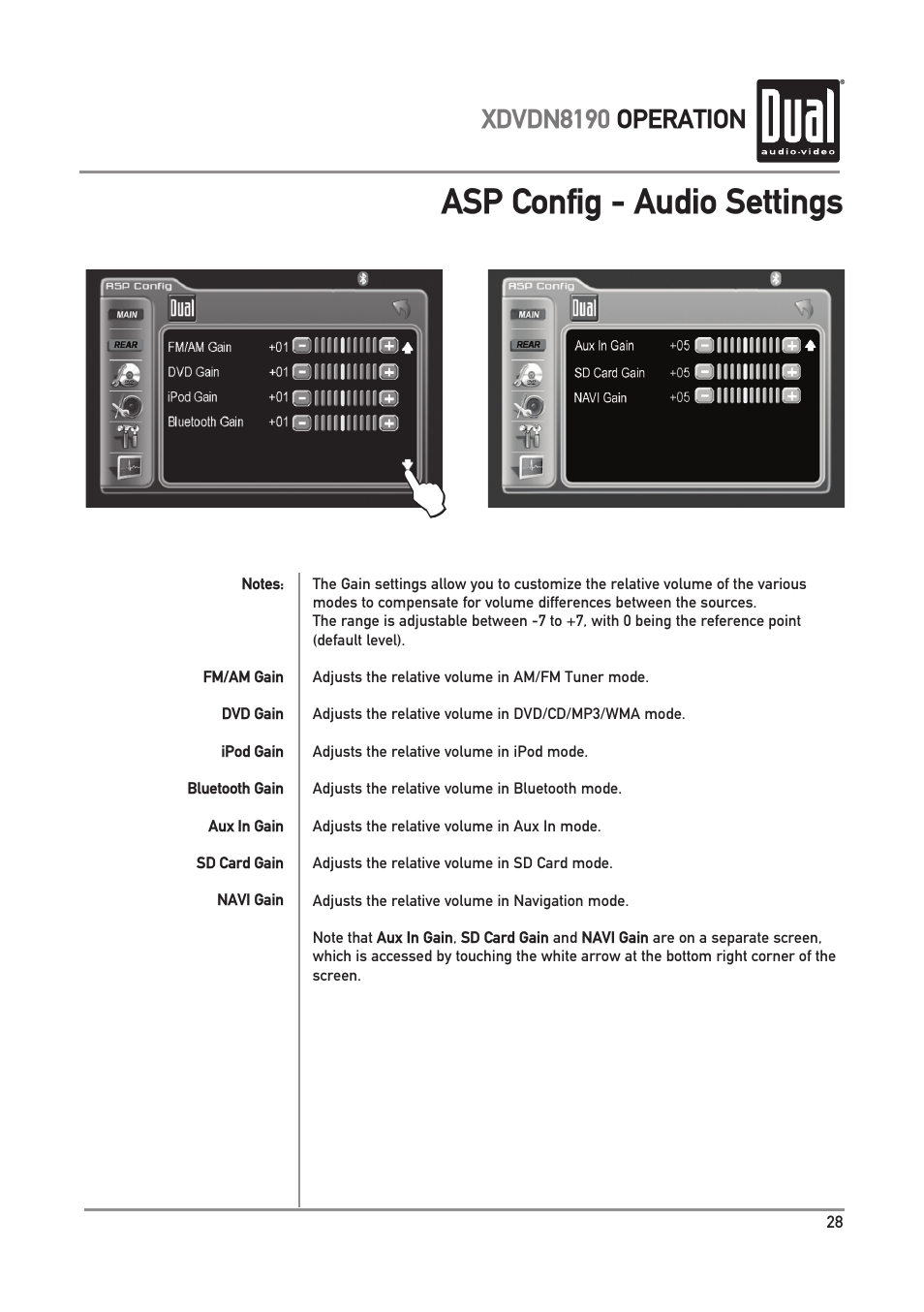 Asp config - audio settings, Xdvdn8190 operation | Dual XDVDN8190 User Manual | Page 29 / 92