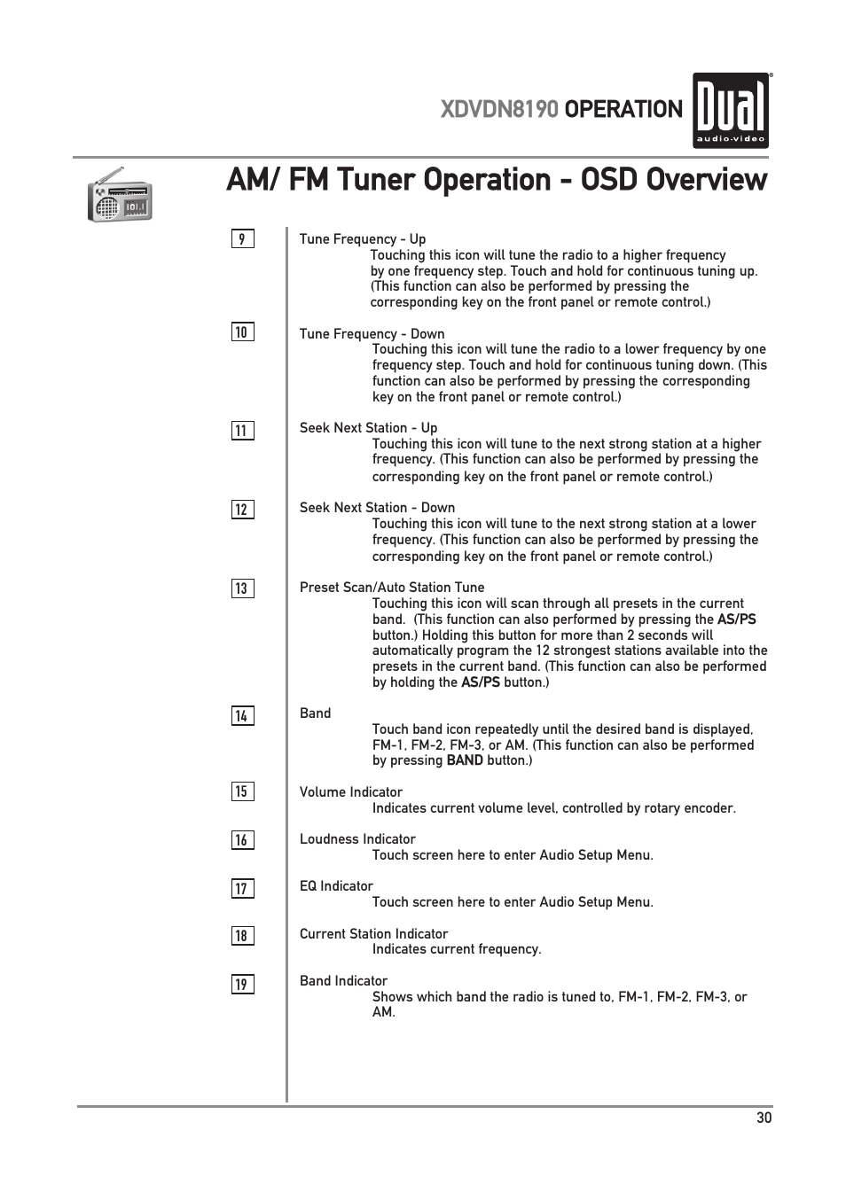 Am/ fm tuner operation - osd overview, Xdvdn8190 operation | Dual XDVDN8190 User Manual | Page 31 / 92