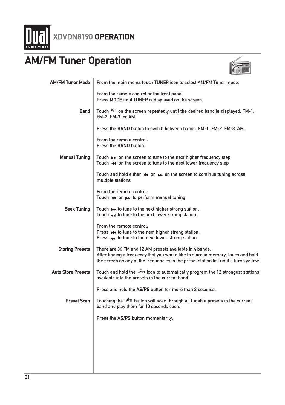 Am/fm tuner operation, Xdvdn8190 operation | Dual XDVDN8190 User Manual | Page 32 / 92