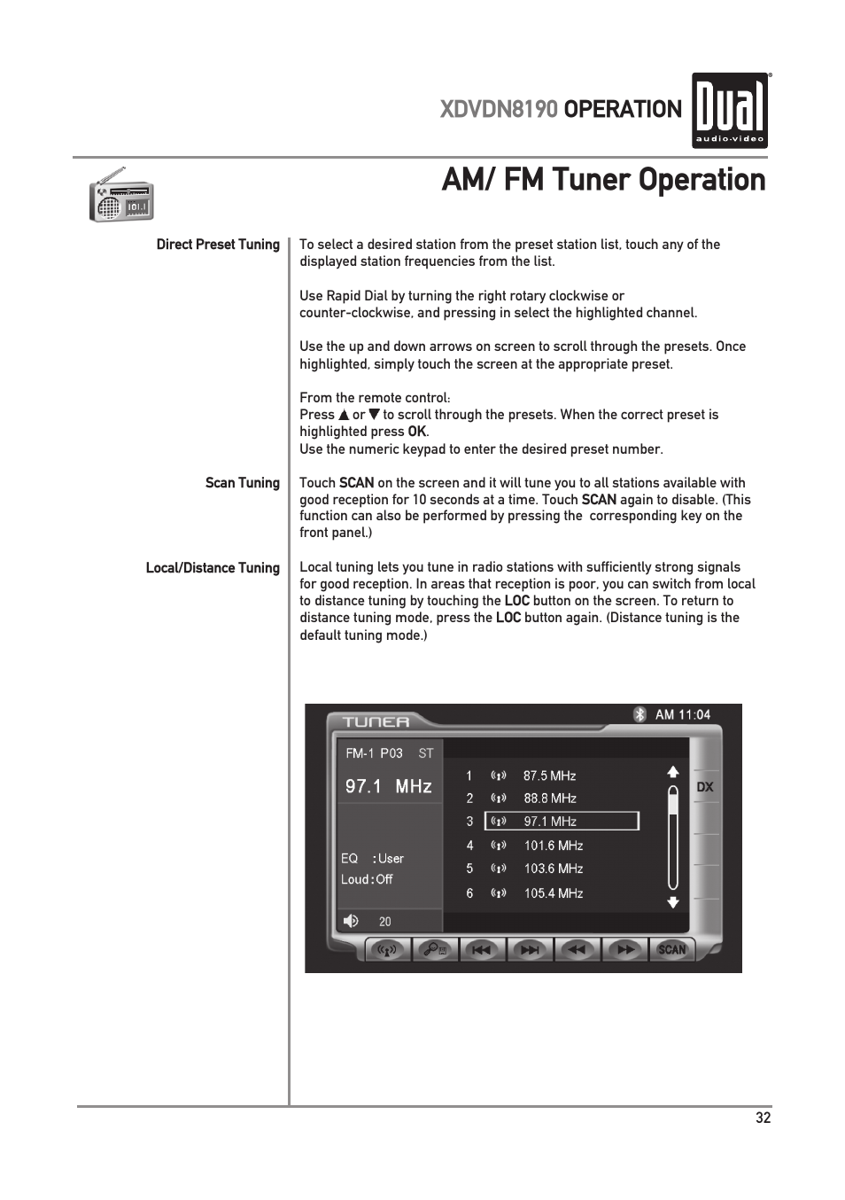 Am/ fm tuner operation, Xdvdn8190 operation | Dual XDVDN8190 User Manual | Page 33 / 92