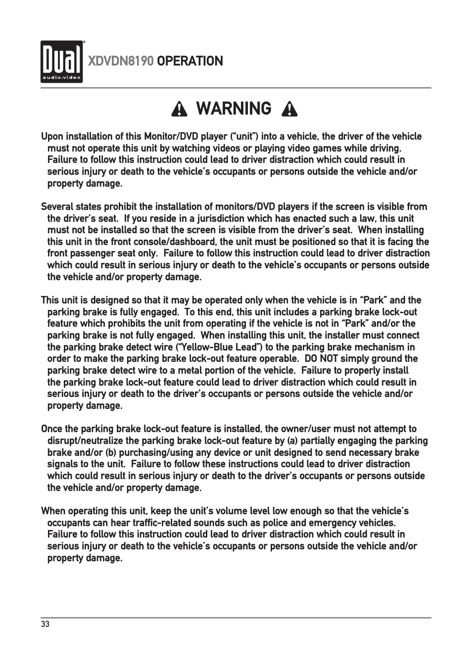 Warning, Xdvdn8190 operation | Dual XDVDN8190 User Manual | Page 34 / 92