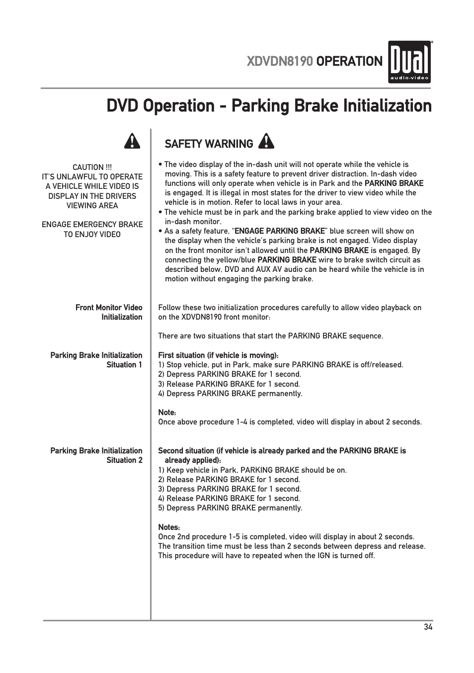 Dvd operation - parking brake initialization, Xdvdn8190 operation, Safety warning | Dual XDVDN8190 User Manual | Page 35 / 92