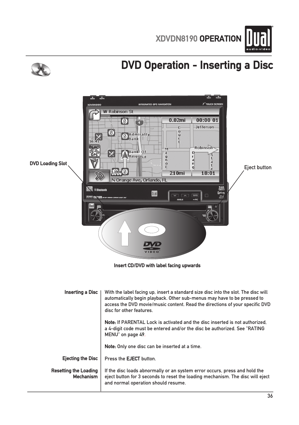 Dvd operation - inserting a disc, Xdvdn8190 operation | Dual XDVDN8190 User Manual | Page 37 / 92