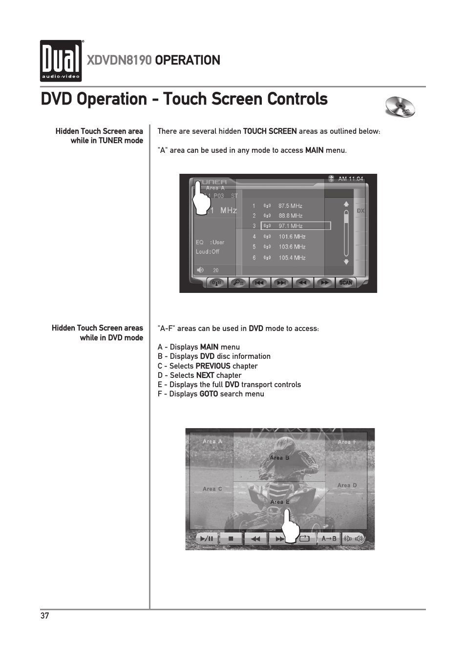 Dvd operation - touch screen controls | Dual XDVDN8190 User Manual | Page 38 / 92